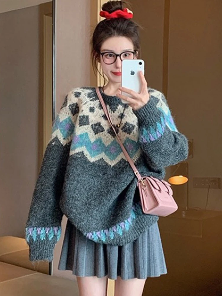 

Korean Fashion Vintage Argyle Sweet Pullover Women Lazy Style O Neck Long Sleeve Knitted Jumpers Sweater Autumn Y2k Clothes