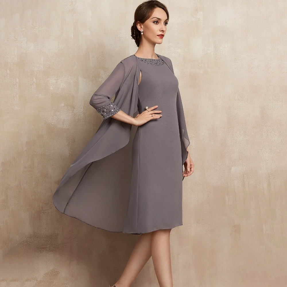 Customized Mother Dresses O Neck Elegant Formal Gown A Line Knee Length Bride Party Dress Crystal Chiffon robes invitée mariage