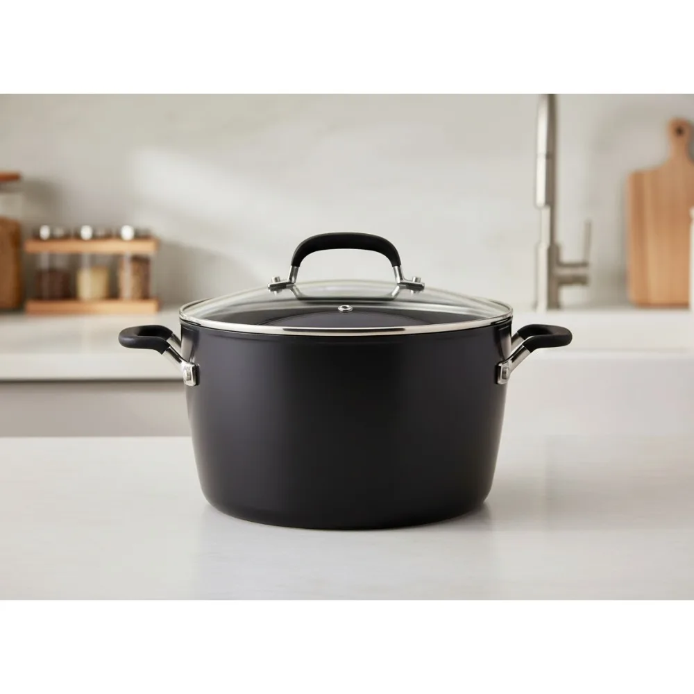 

8 Quart Hard Anodized Nonstick Stockpot with Glass Lid - Quick Heating, Durable for Everyday Cooking