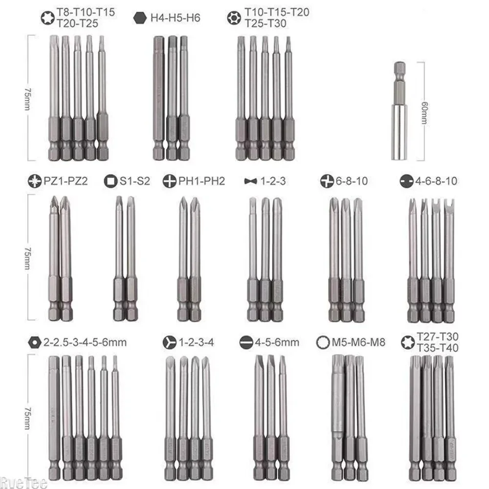 High Hardness 50PCS 1/4 Screwdriver Bits Long Set Torx Flat Head Hex Driver Bits CRV Strong Magnetic for Electric Screwdriver