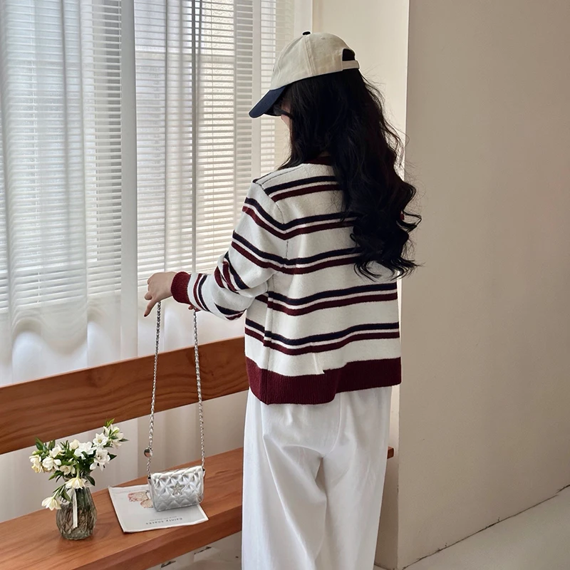 Korean Retro Striped Round Neck Long Sleeve Versatile Casual Knitted Cardigan For Women