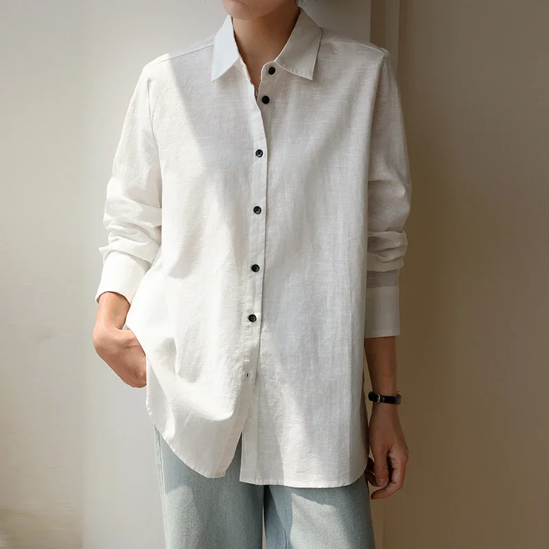 

Новинка 2023 года, однобортные топы с длинными рукавами, винтажные хлопковые льняные женские белые блузки, корейская офисная женская повседневная свободная рубашка