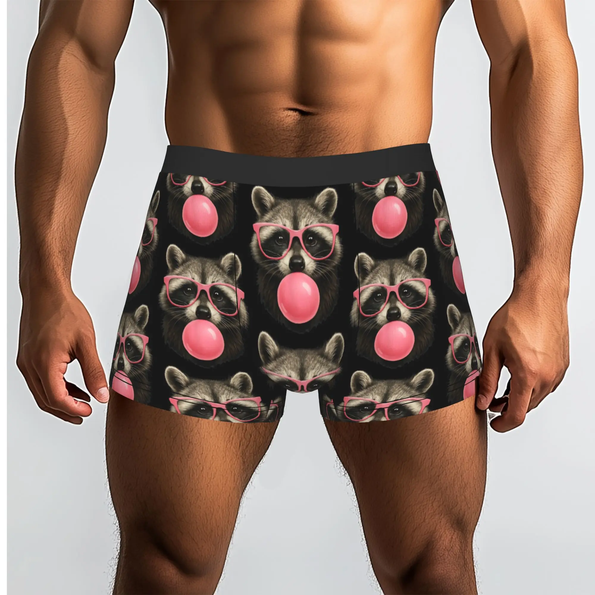 Calzoncillos bóxer transpirables para hombre con diseño de mapache genial con gafas rosas y chicle, pantalones cortos ventilados
