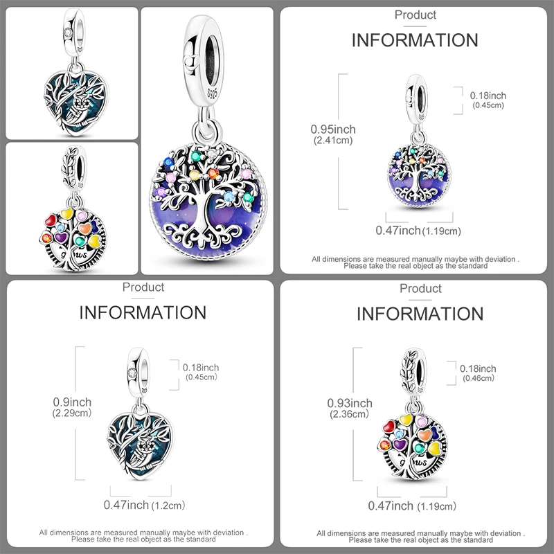 3-teiliges 925 Sterling Silber Lebensbaum-Charm-Set Familienbaum Herz Mond Sonne Schmetterling DIY Original Armband Halskette für Frauen – Detail 2