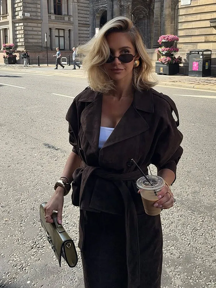 2025 Autumn Winter Fashion Elegant Women's Suede Jackets Skirts Suit Lace Up Lapel Solid Lady Sets