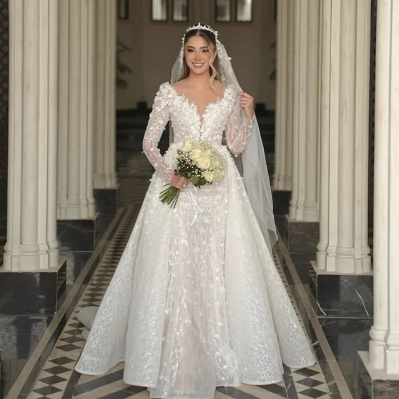 

Ivory White Appliques Wedding Dresses Lace 3D Flower Decal long tail Detachable fish tail long sleeves Made wedding dress Bridal