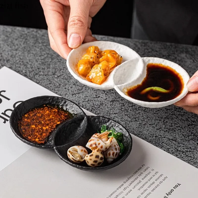 Керамическая тарелка для приправ с каменным узором, блюдо для соевого соуса, блюдо для уксуса, матовая тарелка для специй с 2 решетками, молекулярная кухня, кухонная посуда