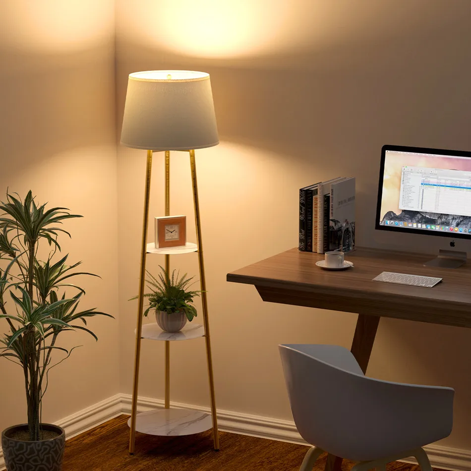 2-in-1 hoekvloerlamp met planken: modern statief LED-licht + opbergbijzettafel, dimbaar voor slaapkamer woonkamer kantoor