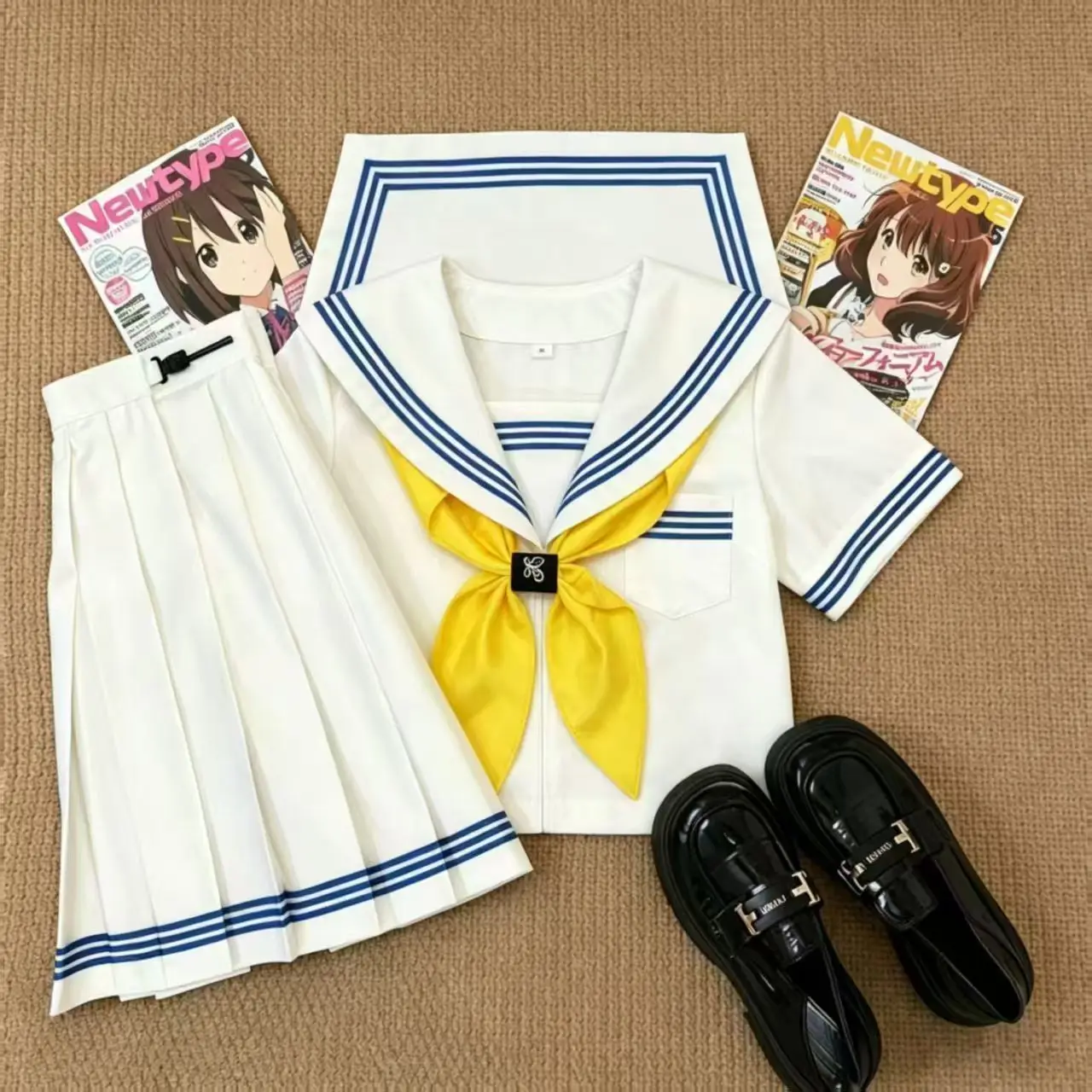 Navy Collar 3 Stripes JK Uniform Set White Collar Basic Mid Length Sailor Outfit Preppy School Style Girls Pleated Skirt Suit