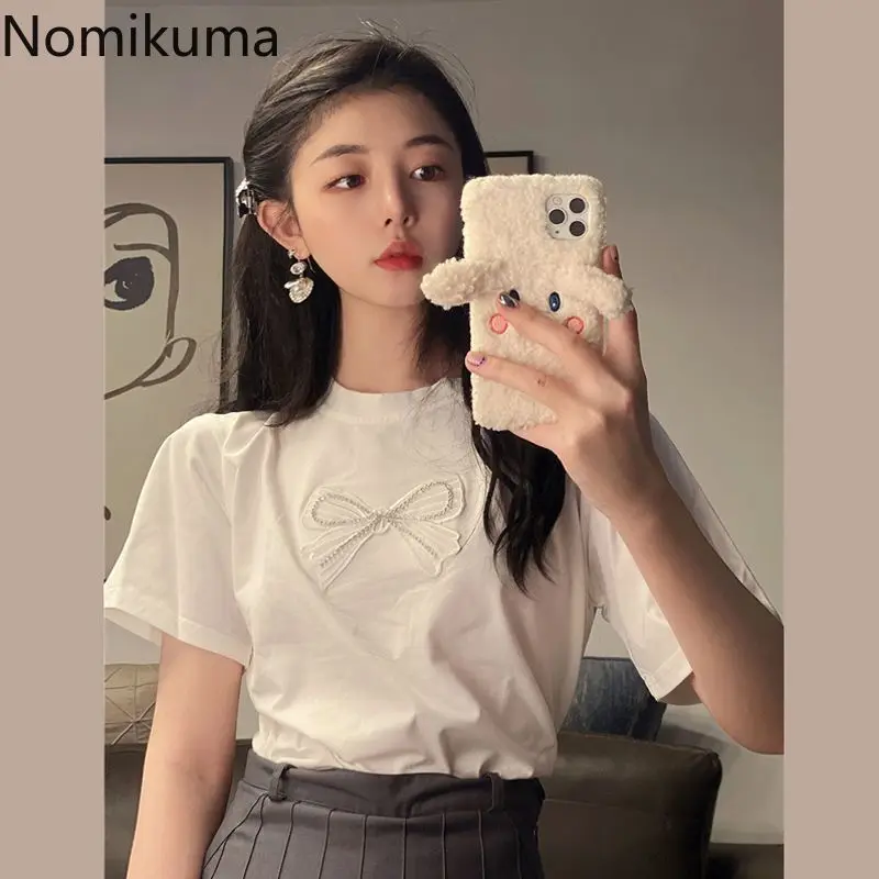 Bow White Tshirts Women Clothing O-neck Short Sleeve Summer Tees Crop Tops 2024 Ropa Mujer Casual Fashion Korean Sweet T Shirts