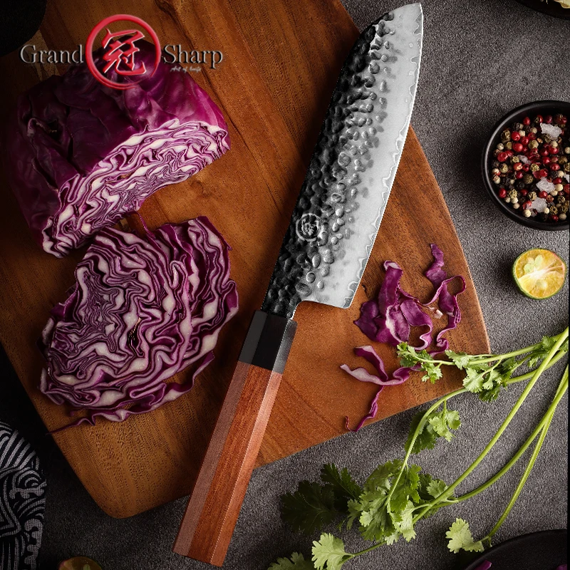 Grandsharp 7.5 Inch Santoku Knife Japanese Kitchen Knives 2 Layers AUS-10 Steel Chef's Cooking Tools Wooden Scabbard Gift Box