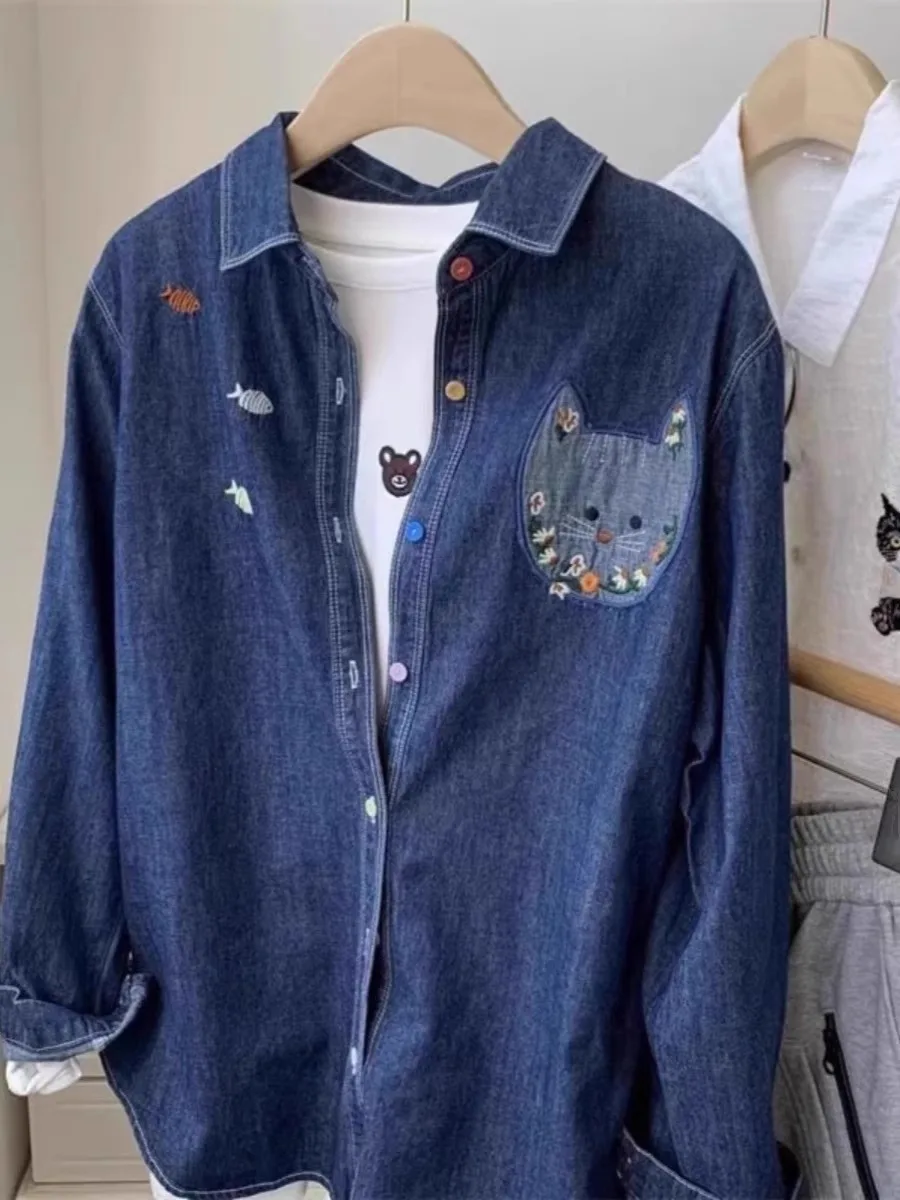 

Boho Sle Embroidered Large Size Men's Denim irt Spring Autumn Thin Long Sve Collar Trendy Brand Casual irt