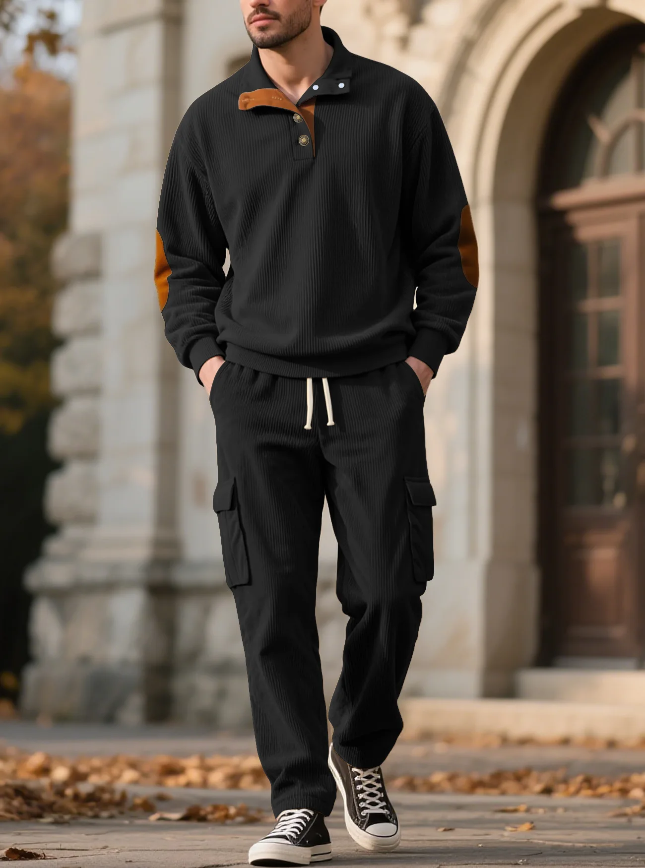 

Men's Autumn Winter Corduroy Sweatshirt Pants Set Henry Collar Hoodie Workwear Trousers Ensemble Casual Fashion Polyester Fiber