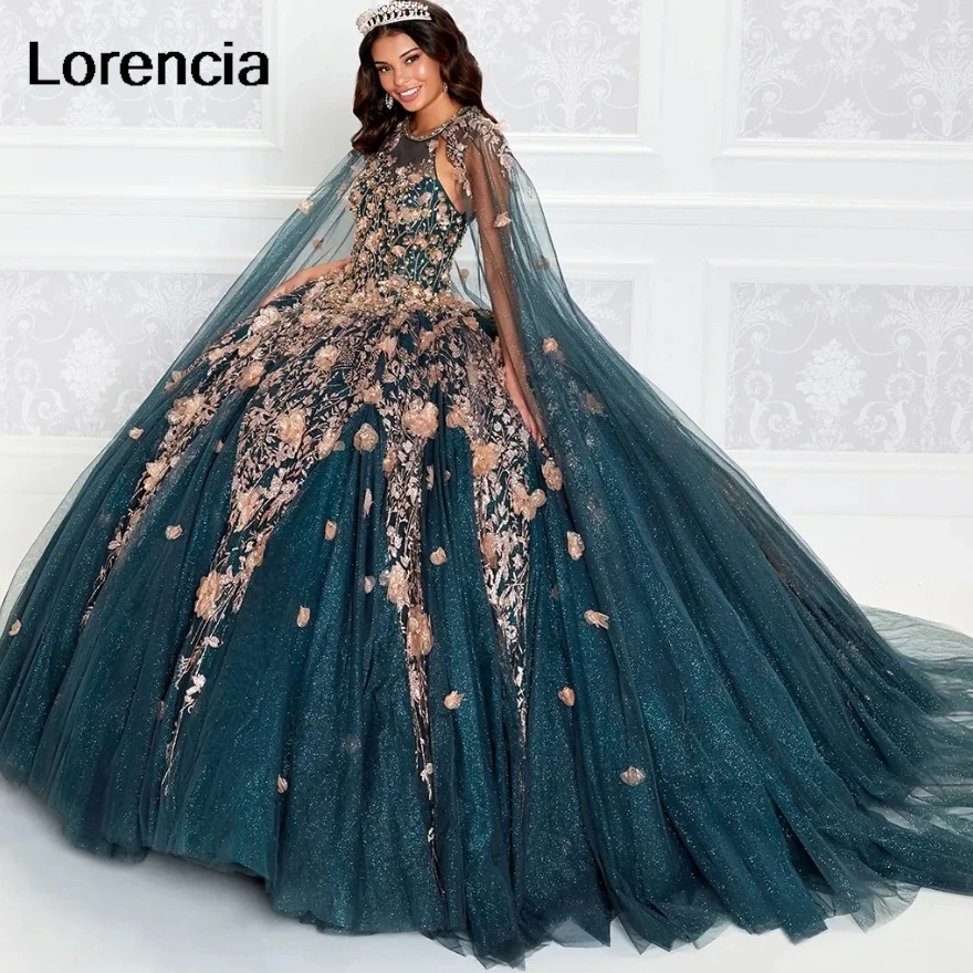 ที่กําหนดเองสีเขียว Quinceanera Ball Gown ทอง 3D ดอกไม้ Applique Beading Cape Corset หวาน 16 Vestidos De 15 Años YQD789