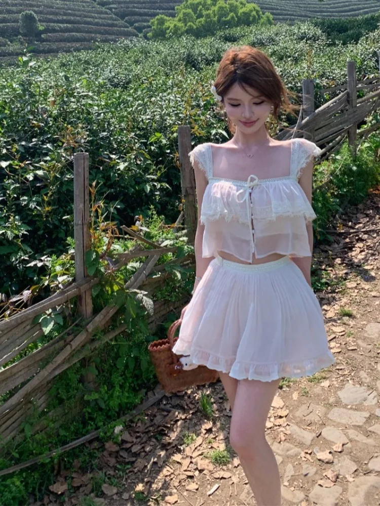 

Fashionable Lace Short Top And Skirt Set Women's Summer Holiday Style Clothing Sleeveless Square Collar Slim Fit Sexy Style