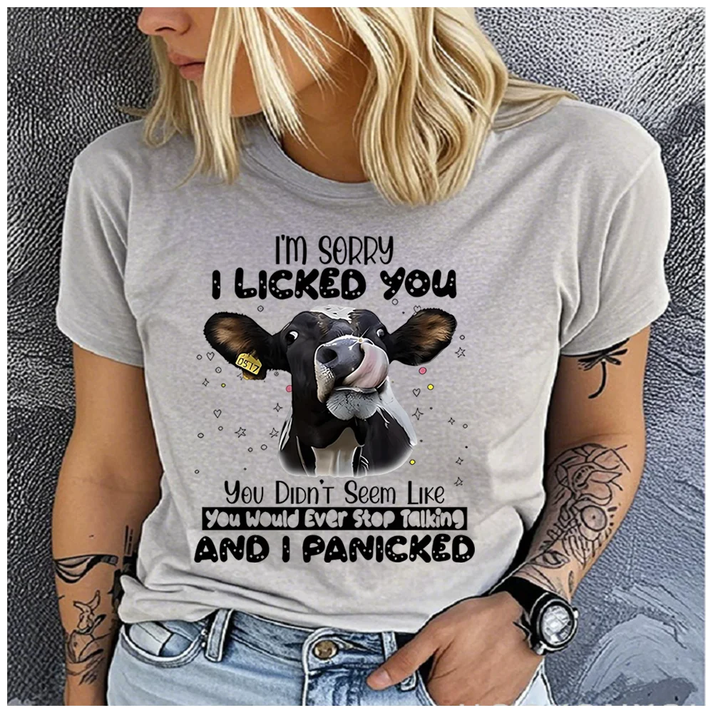 100% Cotton Funny Cow I'm Sorry I Licked You Print Women T Shirt Humor Quote Graphic Tee Casual Short Sleeve Summer Ladies Top