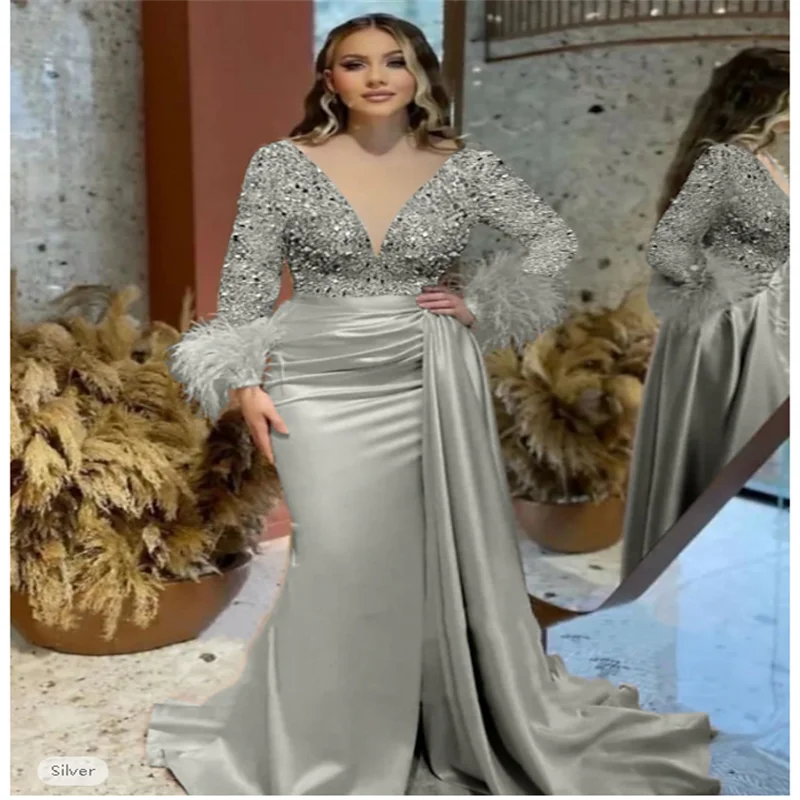 Mermaid Evening Gown Elegant Dress Formal Wedding Court Train Long Sleeve V Neck Satin with Feather Glitter Ruched Masquerade