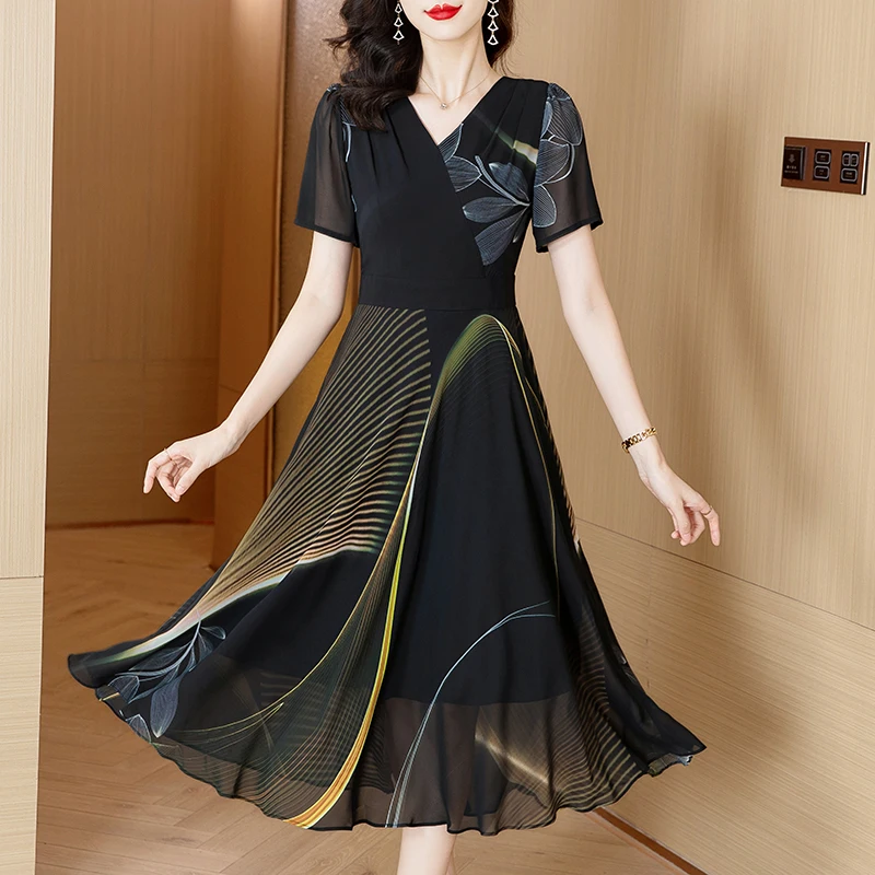 

2024 Black Jacquard Silk Luxury Midi Dress Women Short Sleeve Chic Diamonds Dresses Spring Summer Korean Vintage Party Vestidos