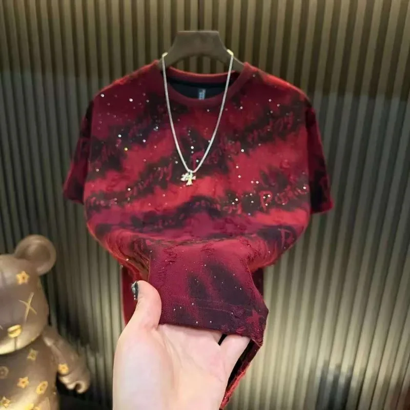 Summer Short Sleeve Distressed Letter Printed Gradient Tie-Dye Drill Street T Shirt Casual Tops Luxury Loose-Fit Stretchable Tee