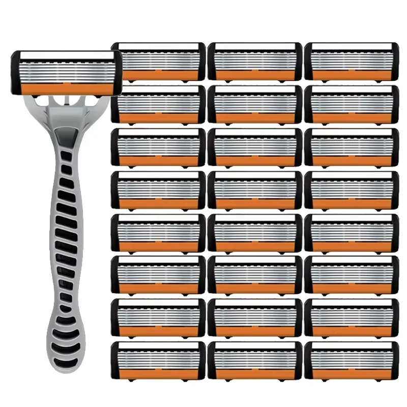 Men's manual razor safety razor 6-layer stainless steel hair removal knife, replaceable razor head, razor tools.