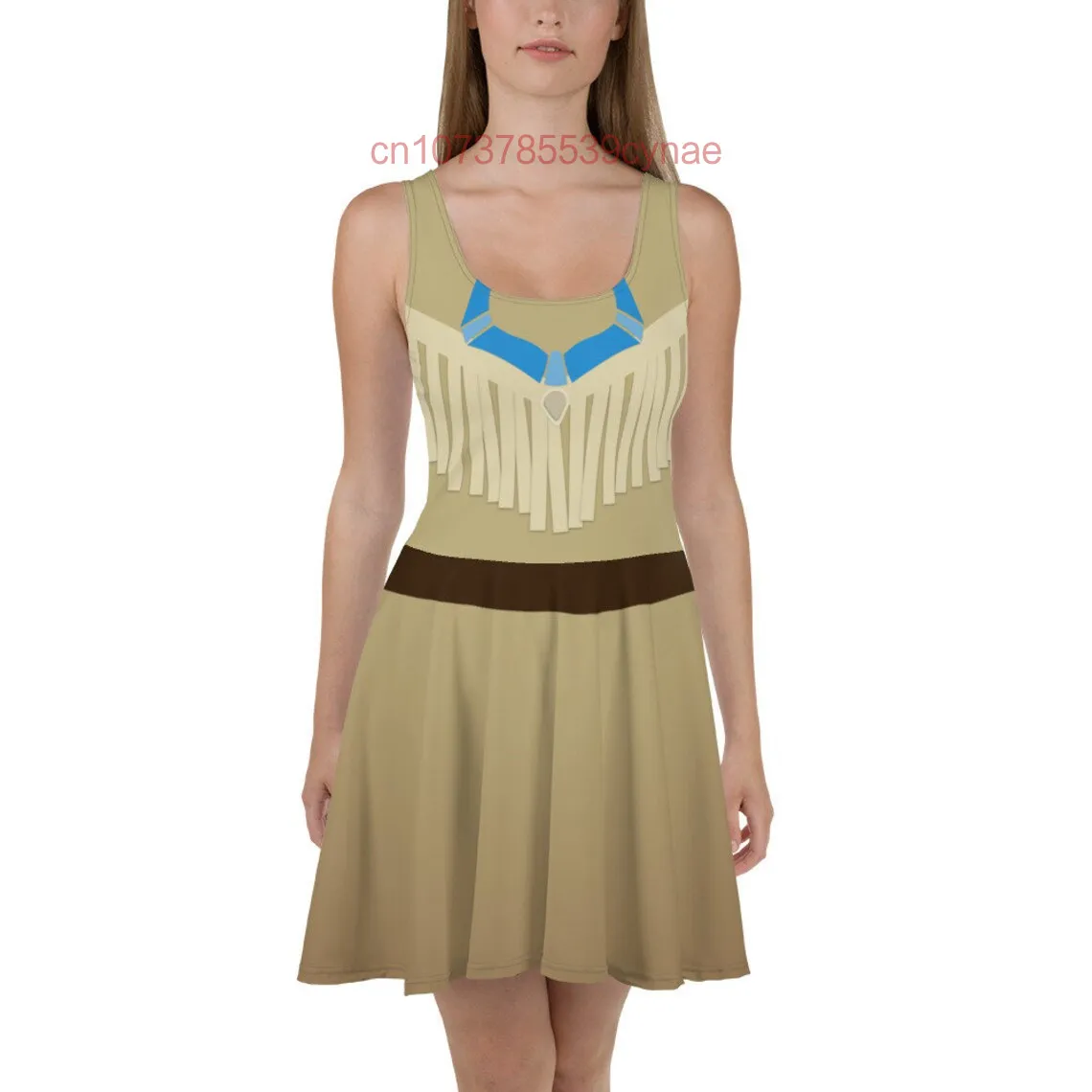 ใหม่ Pocahontas Princess Running เครื่องแต่งกาย Skater ชุดผู้หญิงรอบคอแฟชั่น Casual Beach Party Dress