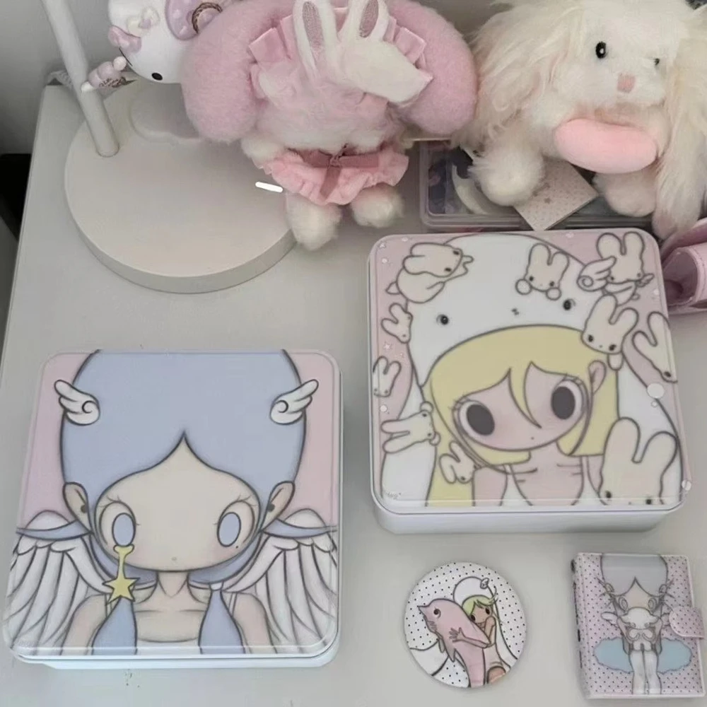 Caja de Almacenamiento Estilo Subcultura, Estuche para Cámara, Caja Cuadrada de Hierro con Diseño de Conejita Ángel, Caja de Almacenamiento de Escritorio, Adhesivo para Fotos, Almacenamiento de Tarjetas Pequeñas