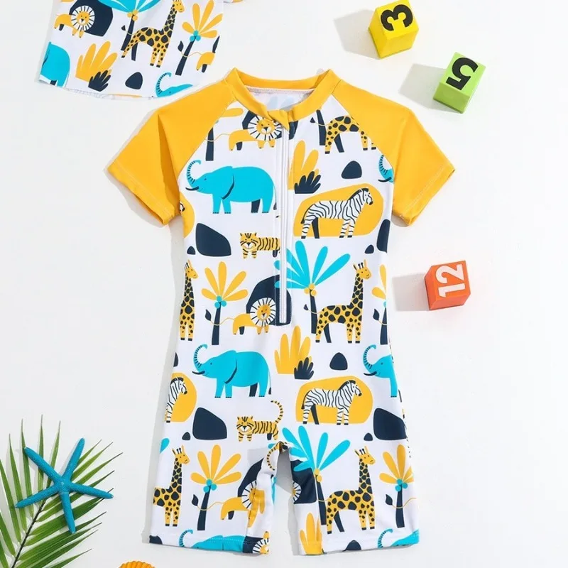 Infant Baby Boy Rash Guards Swimsuit Animal Print Short Sleeve One-Piece Swimwear Zipper With Swim Cap Summer 3 Pcs Bathing Suit