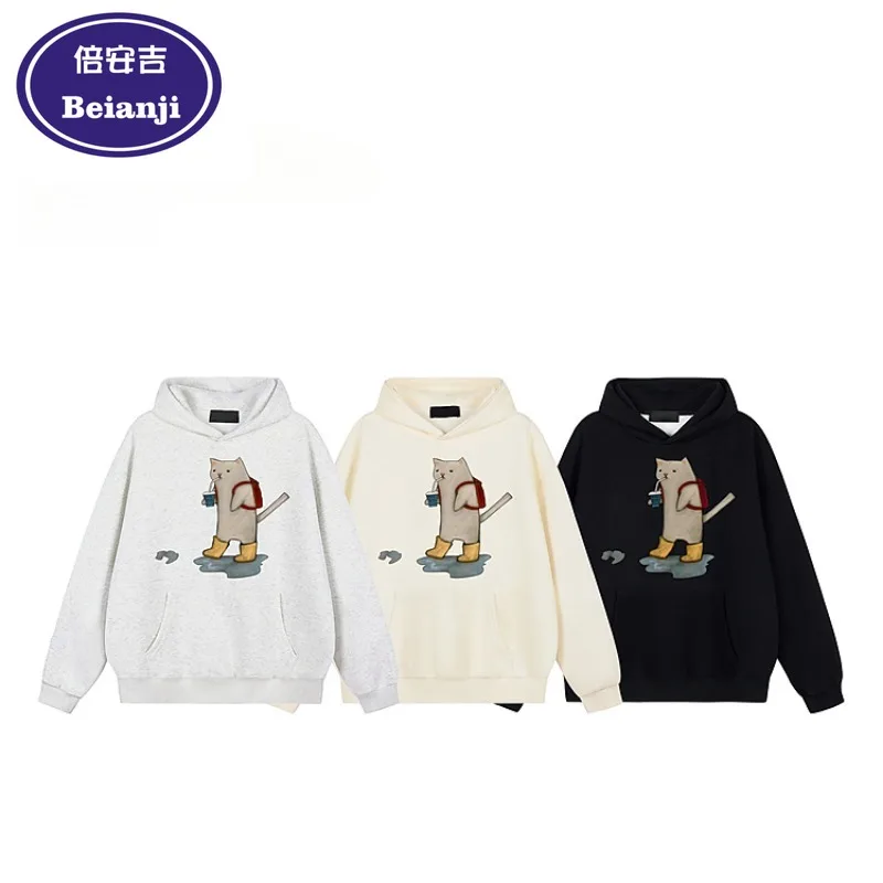 Beianji coat funny kitten fun print design men's retro vintage loose conventional autumn hoodie 2024