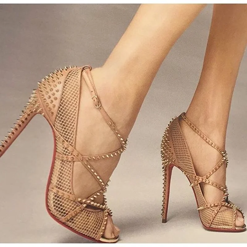 

Metal Rivet Corss Tied Peep Toe High Heels Sexy Square Toe Solid Thin Heel New Arrivals Fashion Women Modern Shoes