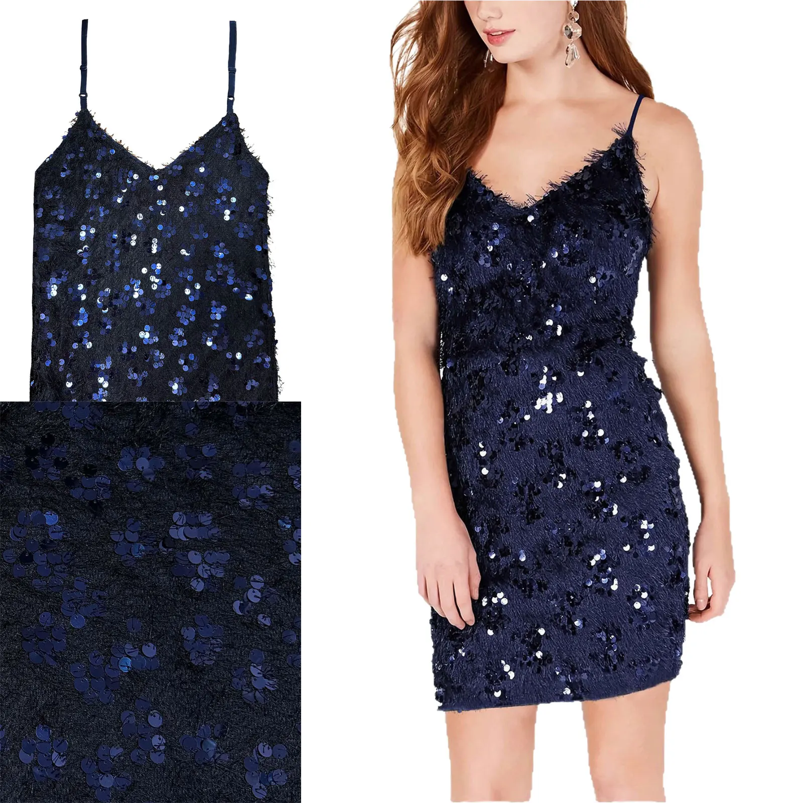 ชุดมินิเดรสผู้หญิงประดับเลื่อมวิบวับ คอวี สายเดี่ยวปรับได้ ชุดเดรสสายเดี่ยวสำหรับงานปาร์ตี้ งานวันเกิด งานแต่งงาน และงานกลางคืน