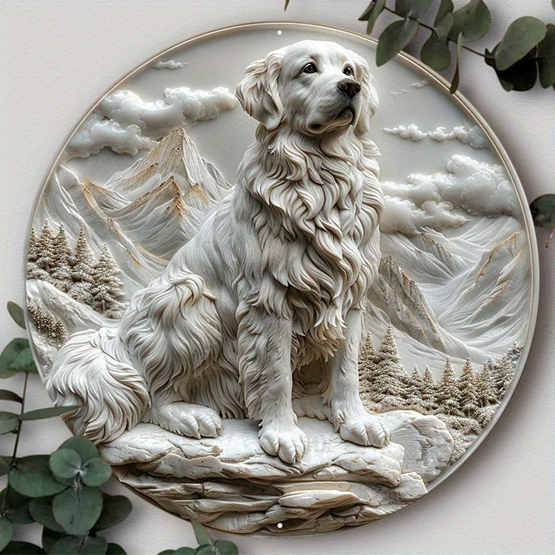 Aluminum Metal Sign, 2D Flat Circular Wreath Logo, Tavern Club Home Scene Decoration, Great Pyrenees, Decorative Wall Poster