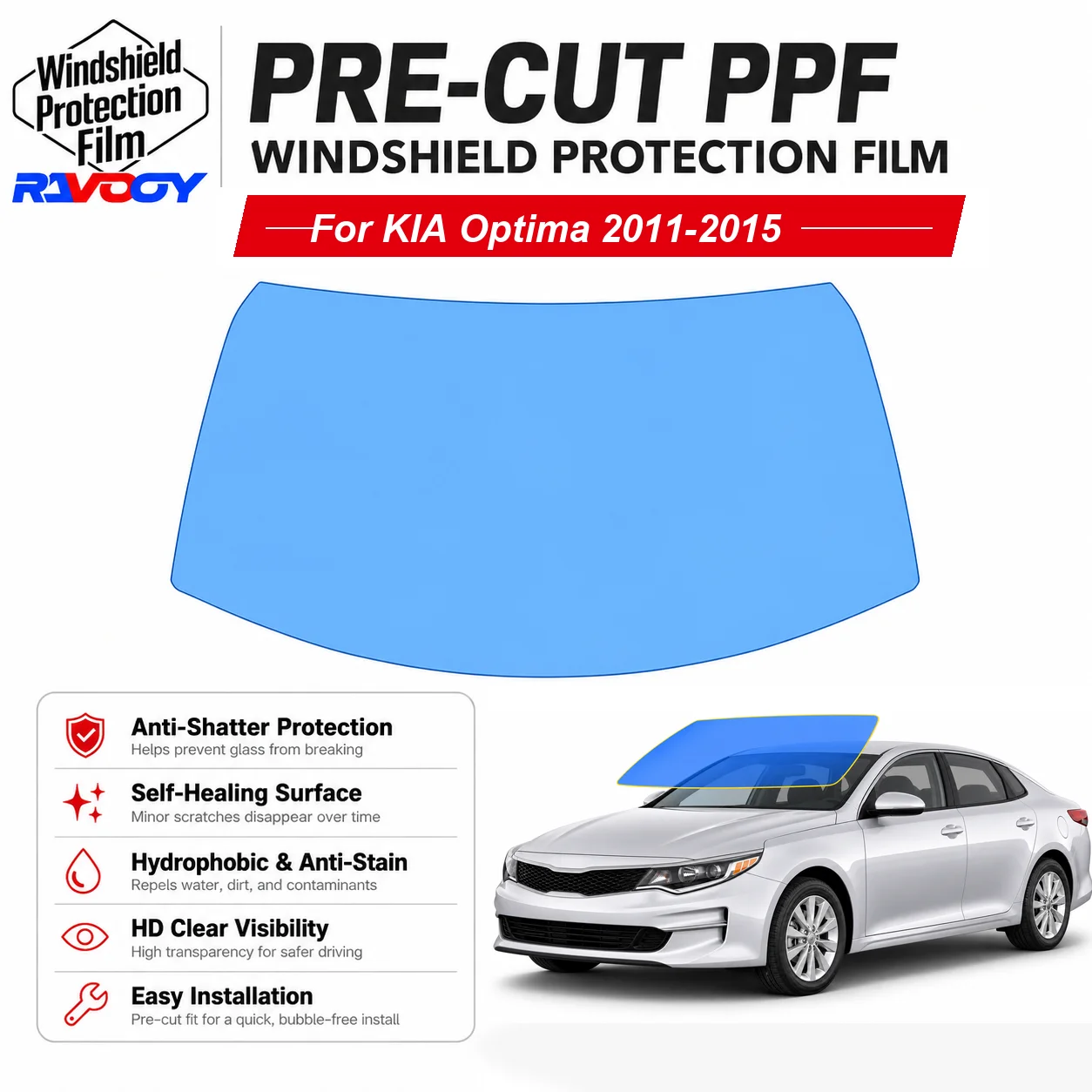 RAVOOY Pre-Cut Front Windshield Protection Film For KIA Optima 4D Sedan 2011-2015 6.5mil Clear TPU UV Blocking Hydrophobic Kit