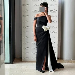 Classic Black Satin Evening Dress Formal Floor Length Side Slit Off the Shoulder Prom Gowns with Flowers Backless Custom Made