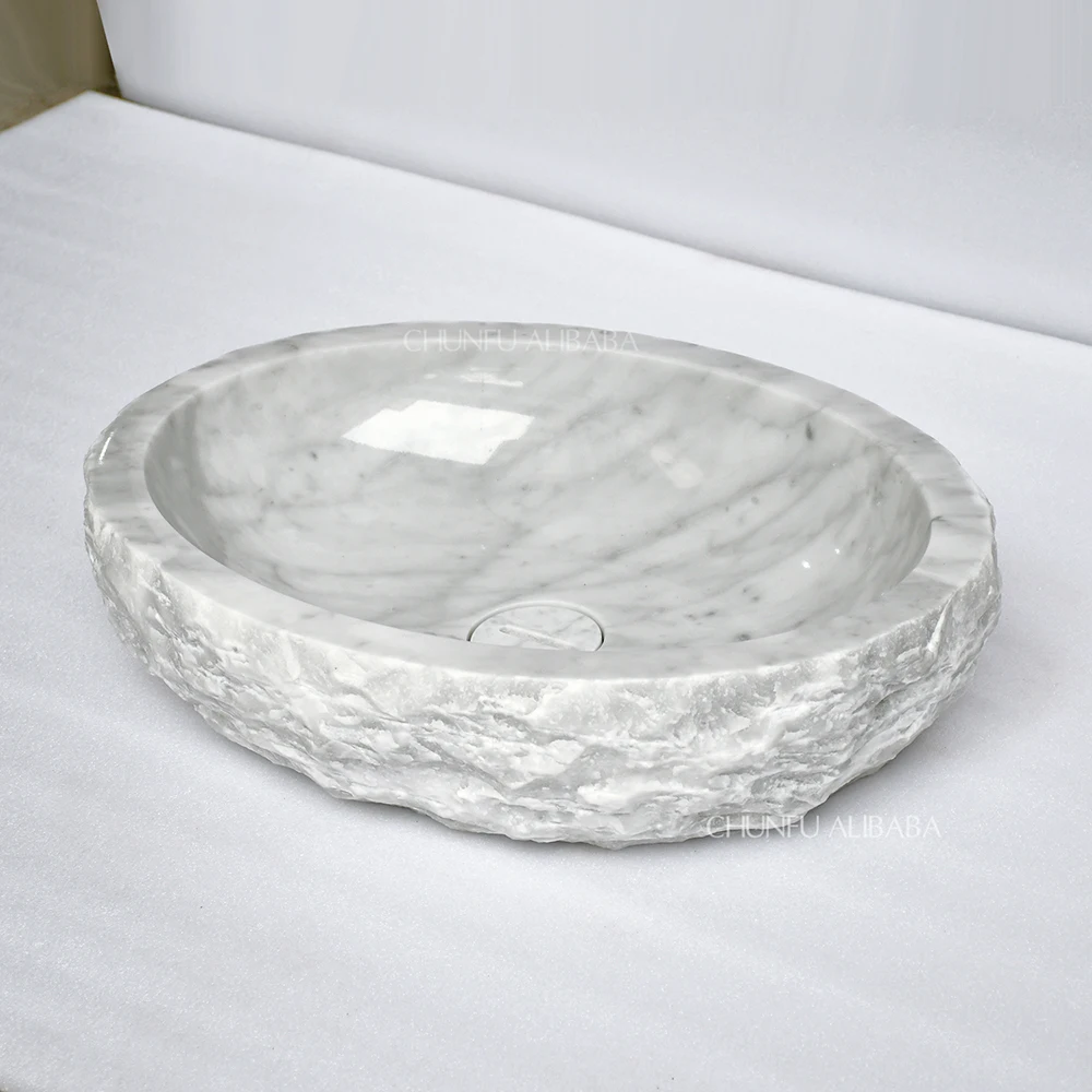Modern Polished Oval Shape Hand Wash Basin Calacatta White Marble Stone Drainer for Hotels Outdoor Counter Bathroom Furniture