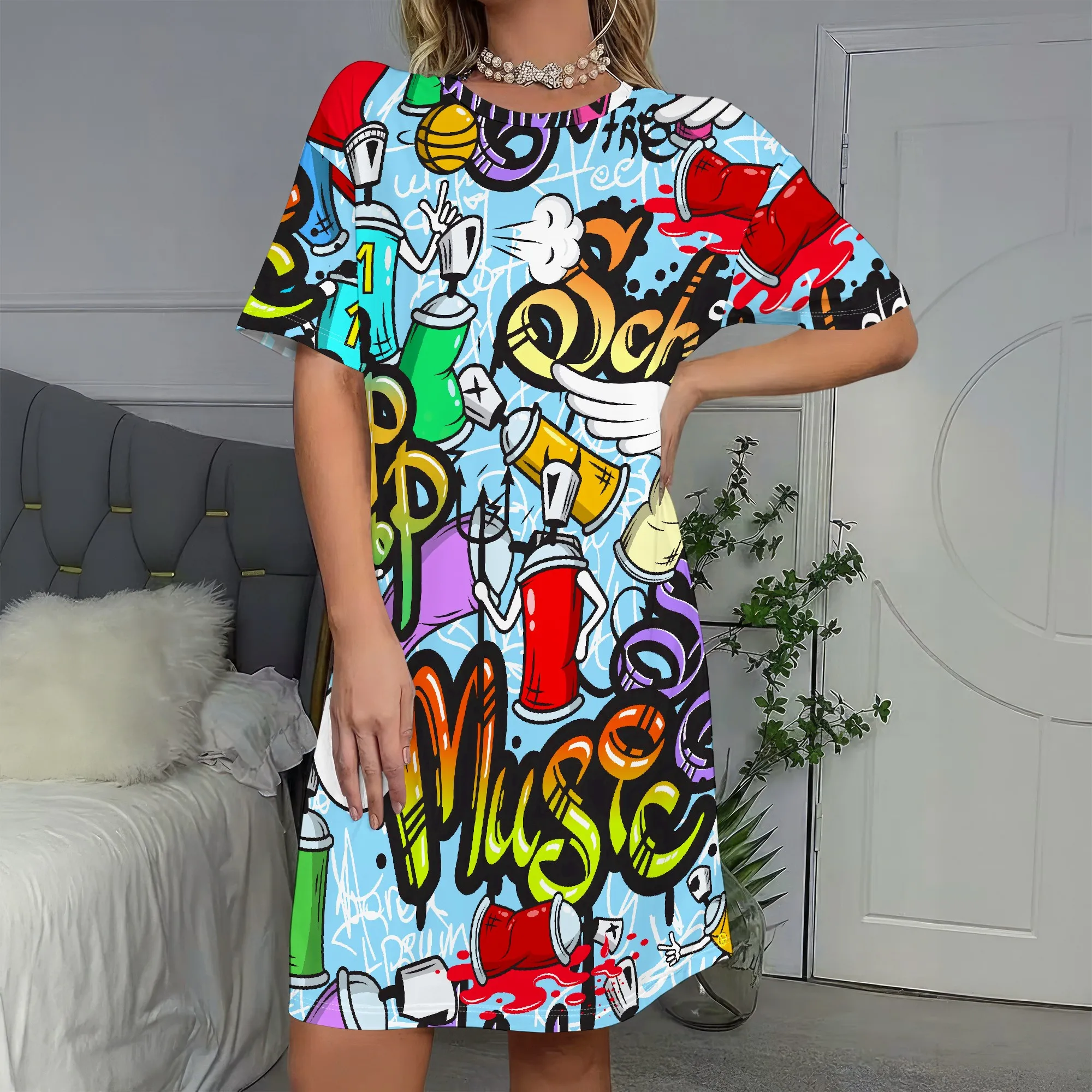 

Graffiti Music Dress, Short Sleeve Tee Shirt Dress, Colorful Art Print Summer Casual Wear, Loose Fit Sundress for Women S-2XL