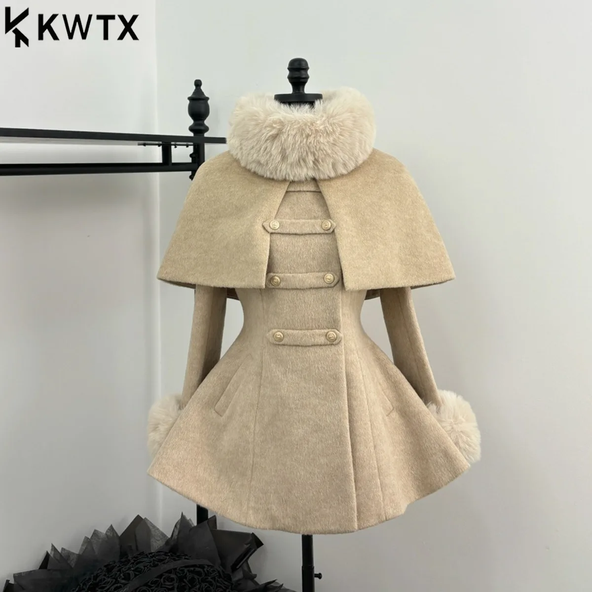 

KWTX женская винтажная накидка из 100% шерсти с меховым воротником, осень-зима, новое двубортное миди с поясом, элегантное повседневное однотонное пальто