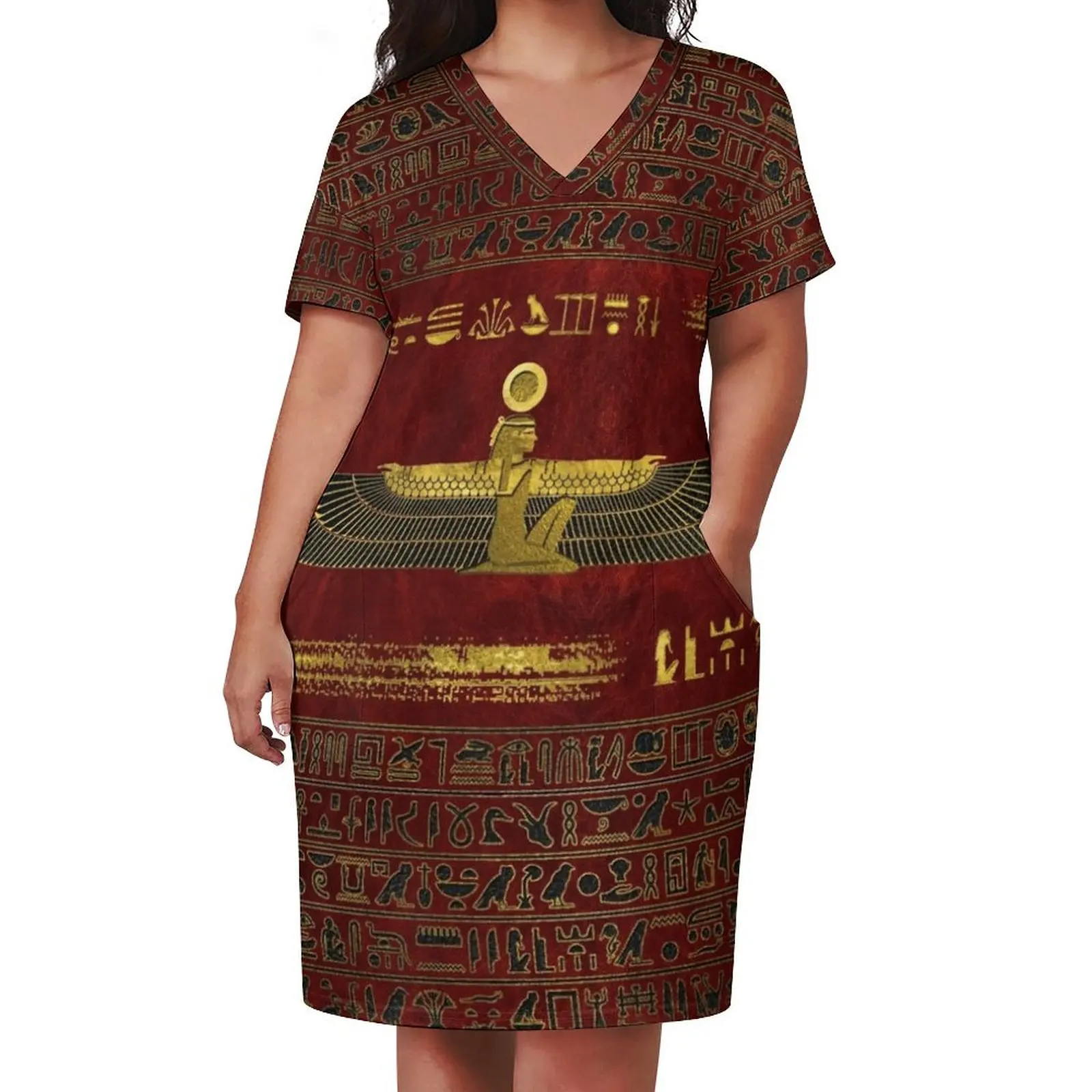 Golden Egyptian God Ornament on red leather Loose Pocket Dress long sleeve dress wedding guest dress 2025