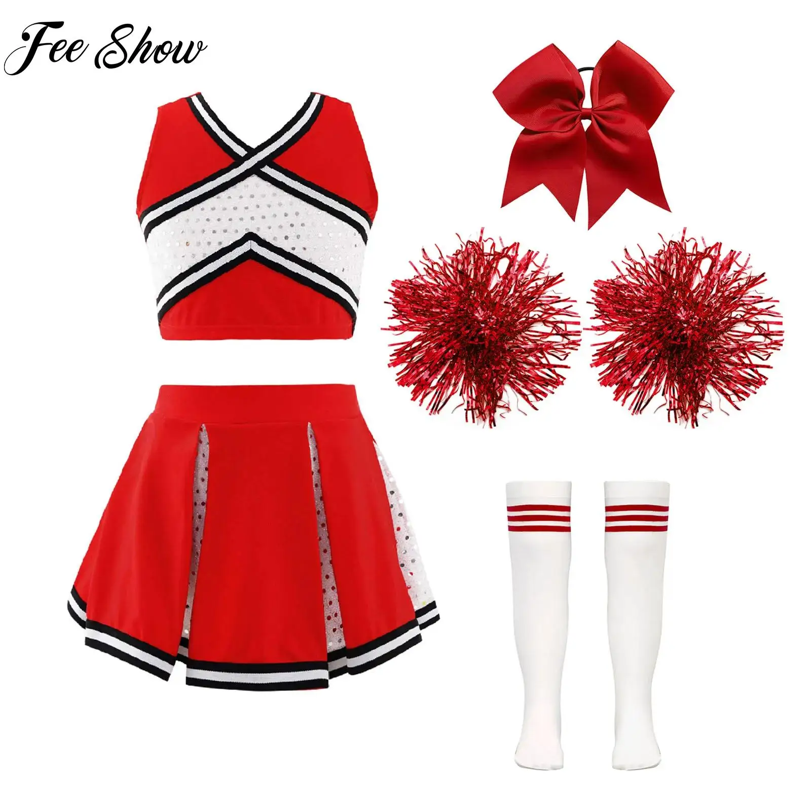 

Kids Girls High School Crop Top Pleated Skirt Set Cheerleader Costume Halloween Performance Costume for Birthday Party Uniform