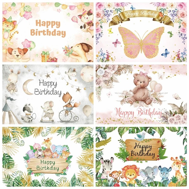 

Happy Birthday Backdrop for Photography Jungle Wild Animal Flowers Baby Shower Newborn Photo Background Customize Name