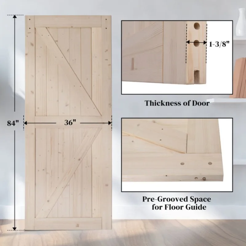 36 in X 84 in Unfinished Sliding Barn Door 6.6FT Barn Door Hardware Kit Handle K Frame Solid Spruce Wood Requires Simp