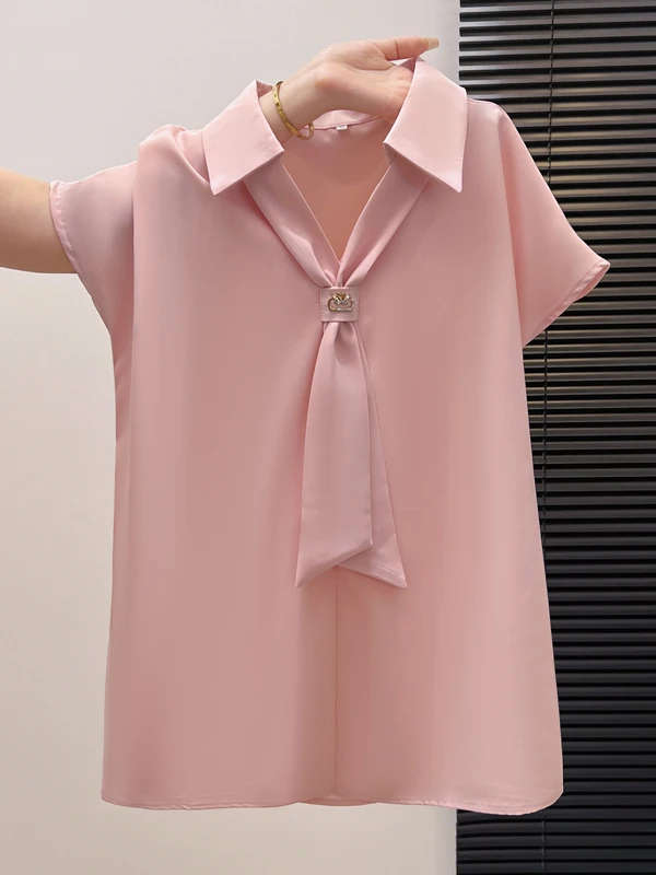

Elegant Summer 2026 Women's Design Sense Chiffon Shirt with Sash Short Sleeve Fashionable Top Straight Cut Polyester Fiber