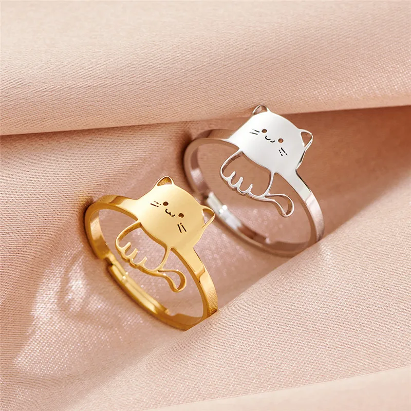 Women Fashion Finger Rings Cartoon Animal Cat Opening Ring for Girls Minimalist Kitten Jewelry Party Engagement Gift Bague