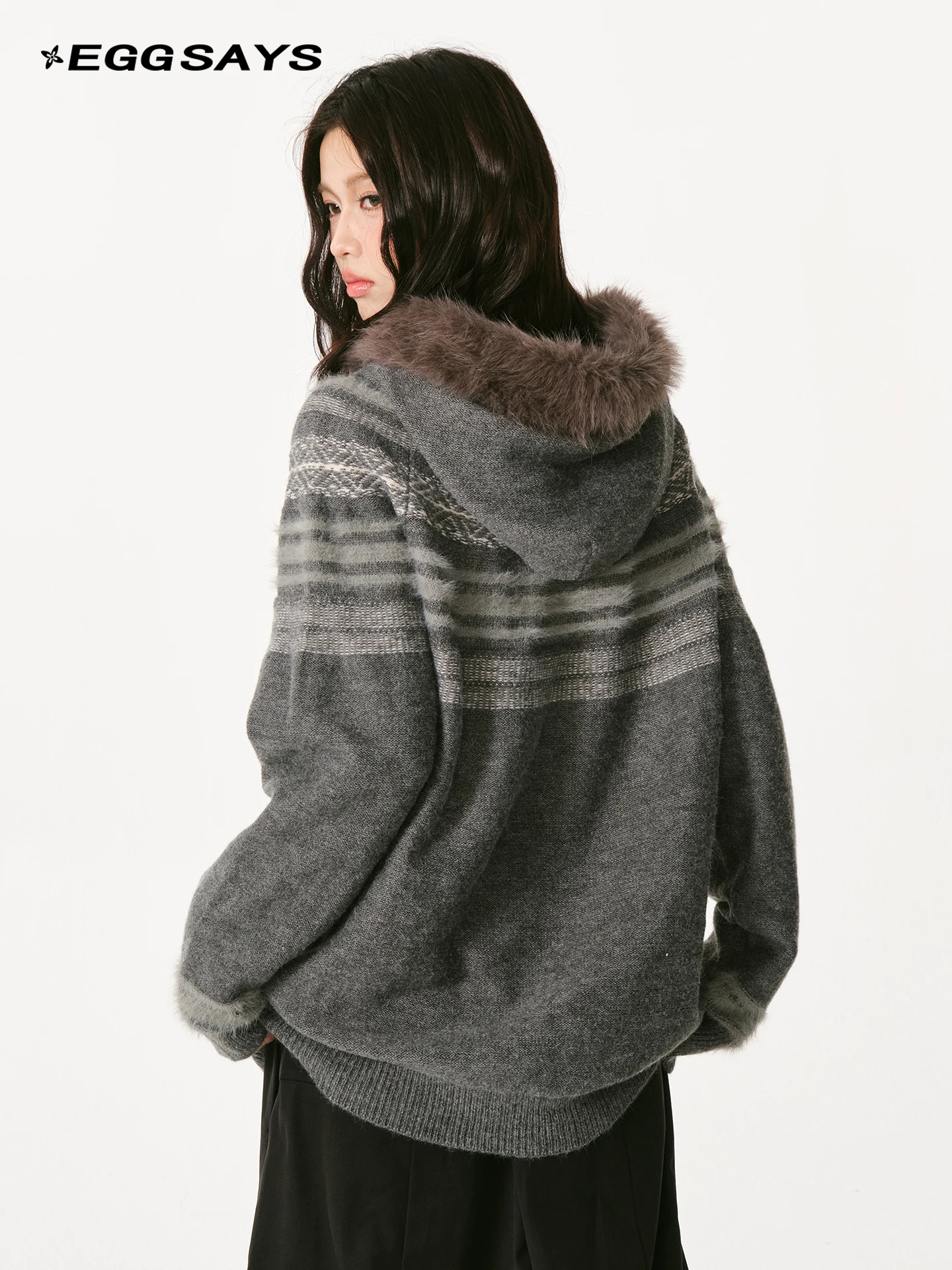 American Retro Fur Collar Cardigan Autumn Winter Warm Loose Hooded Knitted Jacket Unisex Couple Style