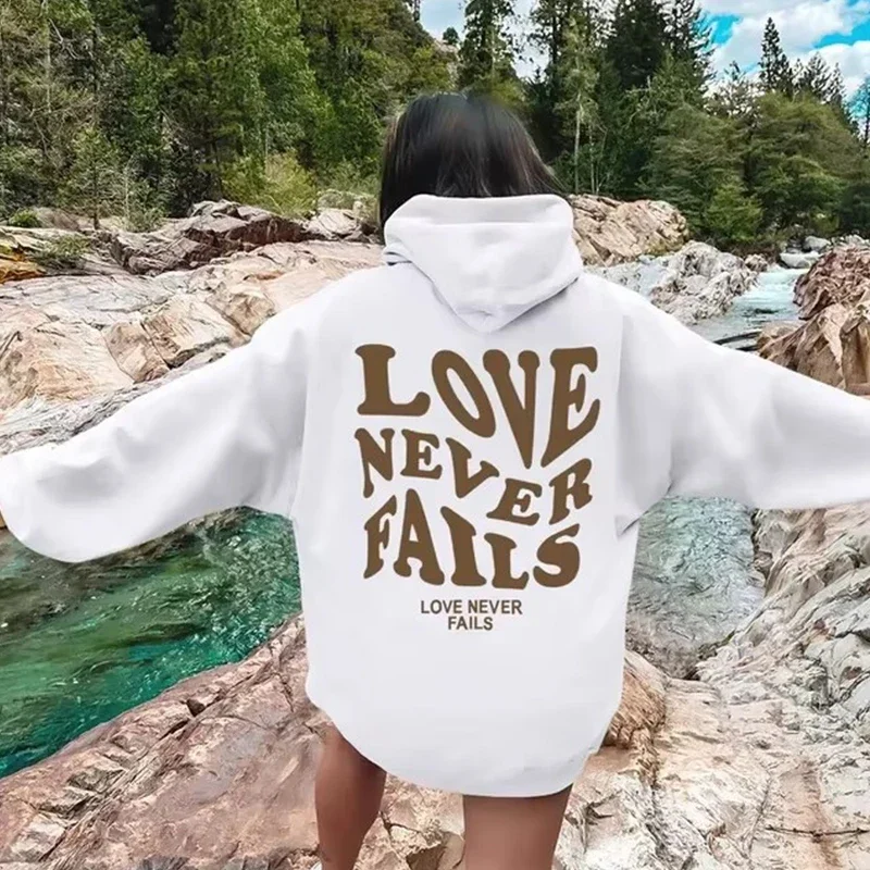 Love Never Fails Harajuku Kangaroo Pocket Hoodie, Aesthetic Hoodie Women Oversized Sweatshirt Fleece Hoodie