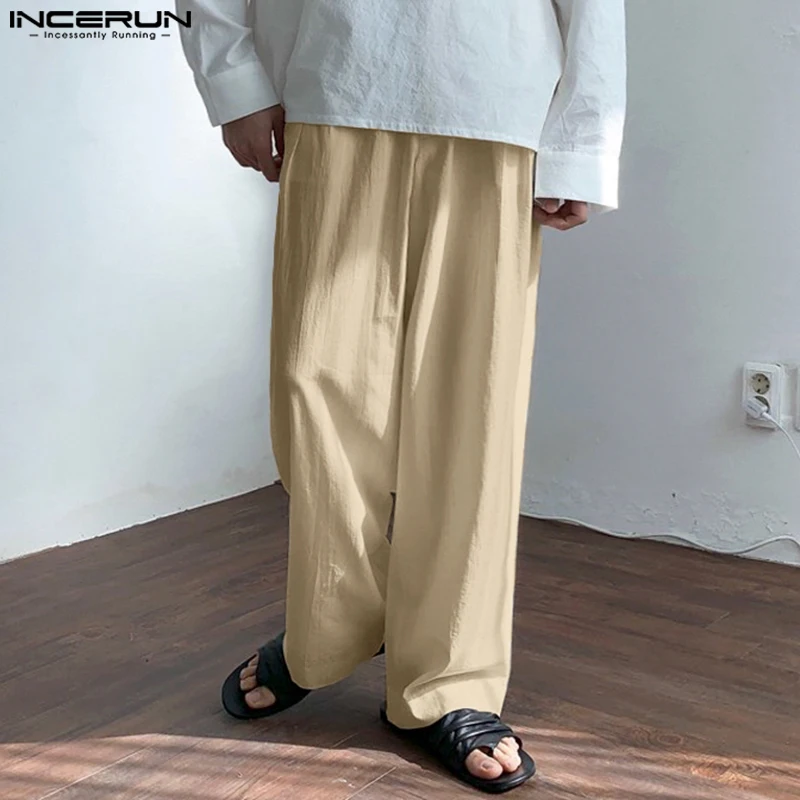 INCERUN เสื้อกันหนาว 2025 สไตล์เกาหลีกางเกงผู้ชายใหม่ตรงกางเกงชายสีทึบหลวมสบายกางเกงผู้ชาย S-5XL