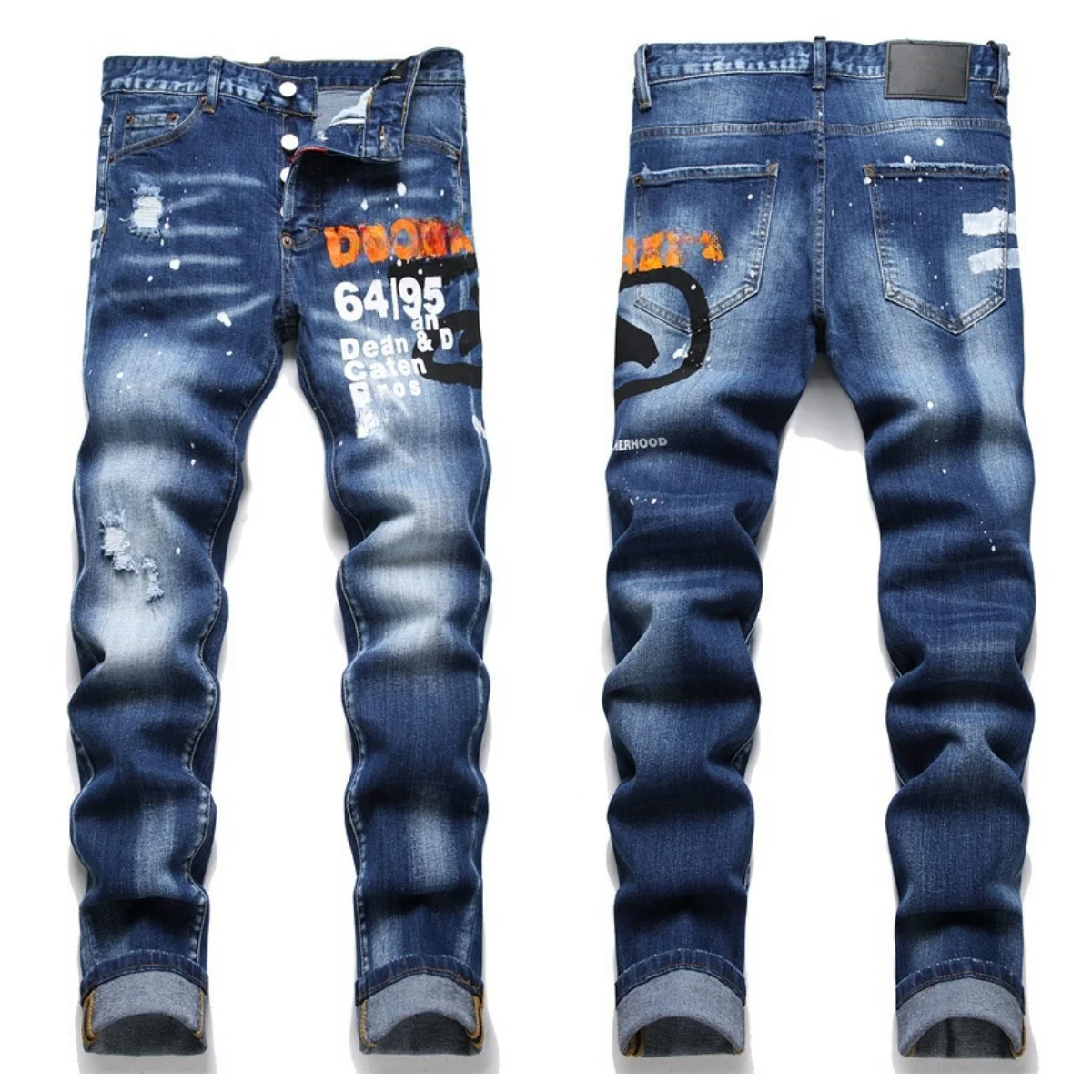 2024 Fashion fashion washable, worn out and painted men's vintage biker jeans