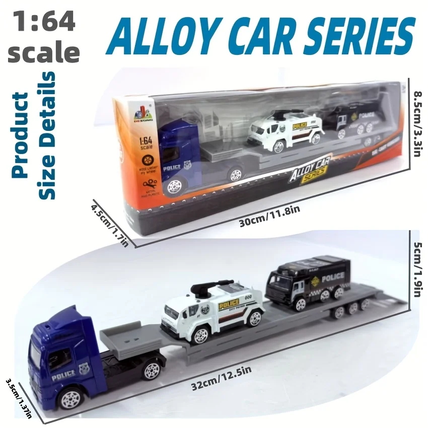 Legering Engineering Flatbed Trailer Transportvoertuigset met elektrische politieambulance, handmatige traagheidsauto's, niet-aangedreven