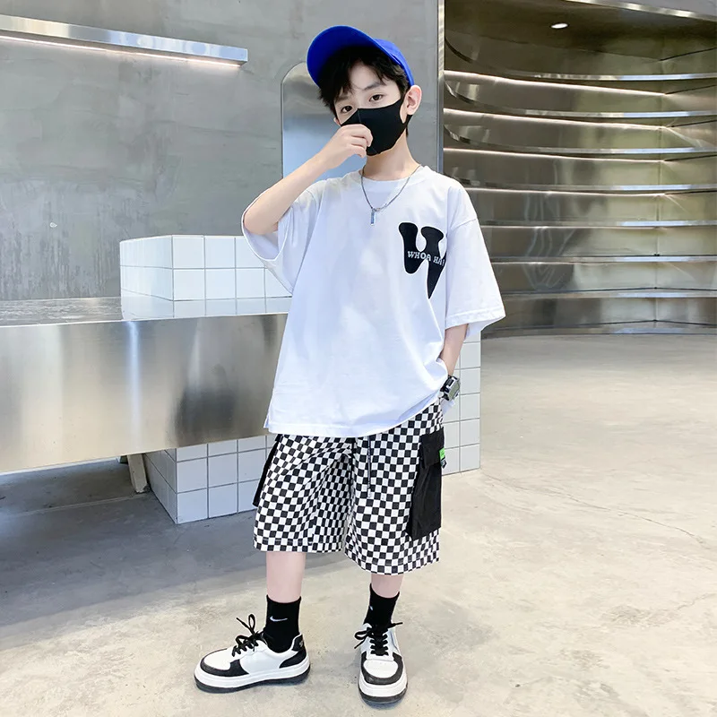 Summer Children Boy Clothes Set Kid Letter Printed Tshirts and Shorts 2 Pieces Suit Fashion Plaid Top Bottom Outfits Tracksuits