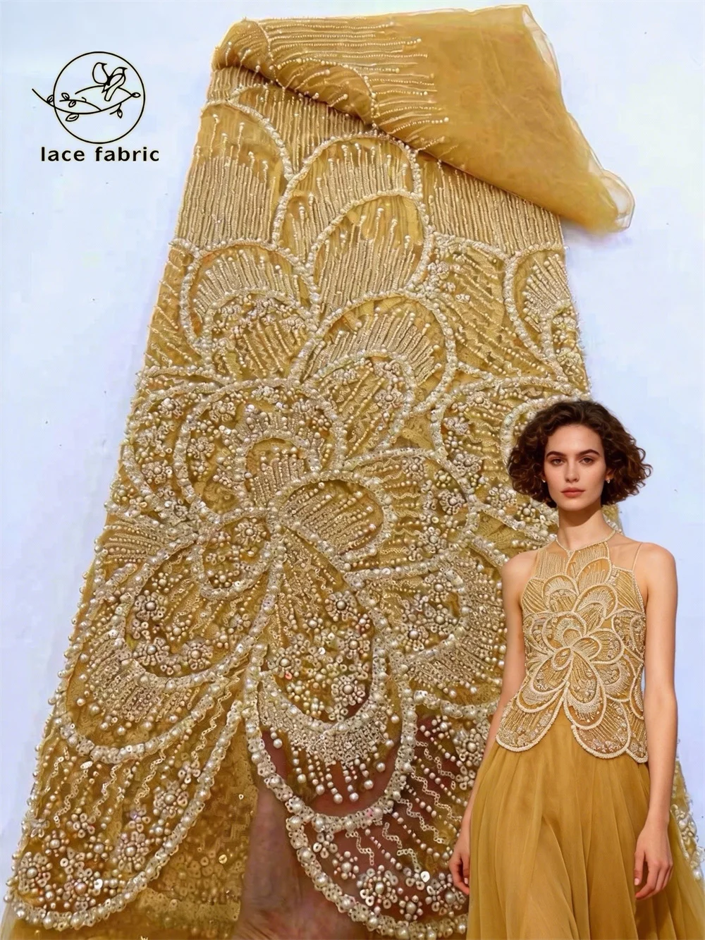 

African Gold Beaded Lace Fabric 2026 High Quality French Nigerian Sequins Embroidery Mesh Lace Fabric Wedding Party Dress Sewing