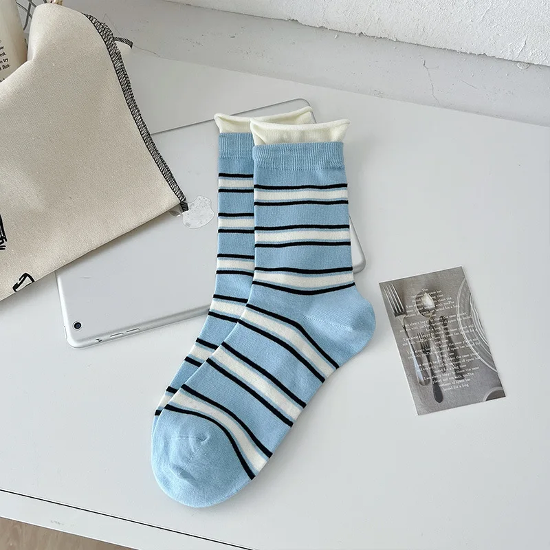 Полосатые носки женские тонкие дизайнерские искусственные бесшовные носки из двух частей со средней манжетой